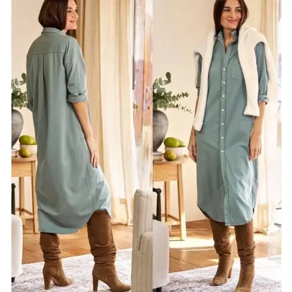 Frank & Eileen Famous Denim Rory Dress Maxi Shirtdress In Thyme Green Size XS - Picture 8 of 14